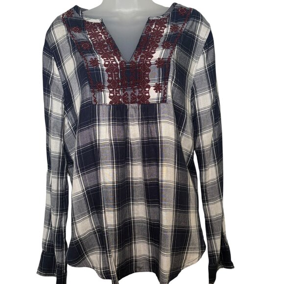 Abercrombie & Fitch Plaid Embroidered Beaded Top Navy Large - Picture 4 of 6